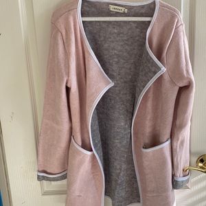Women Pink/Gray with White Trim Open Cardigan Sweater Size XL